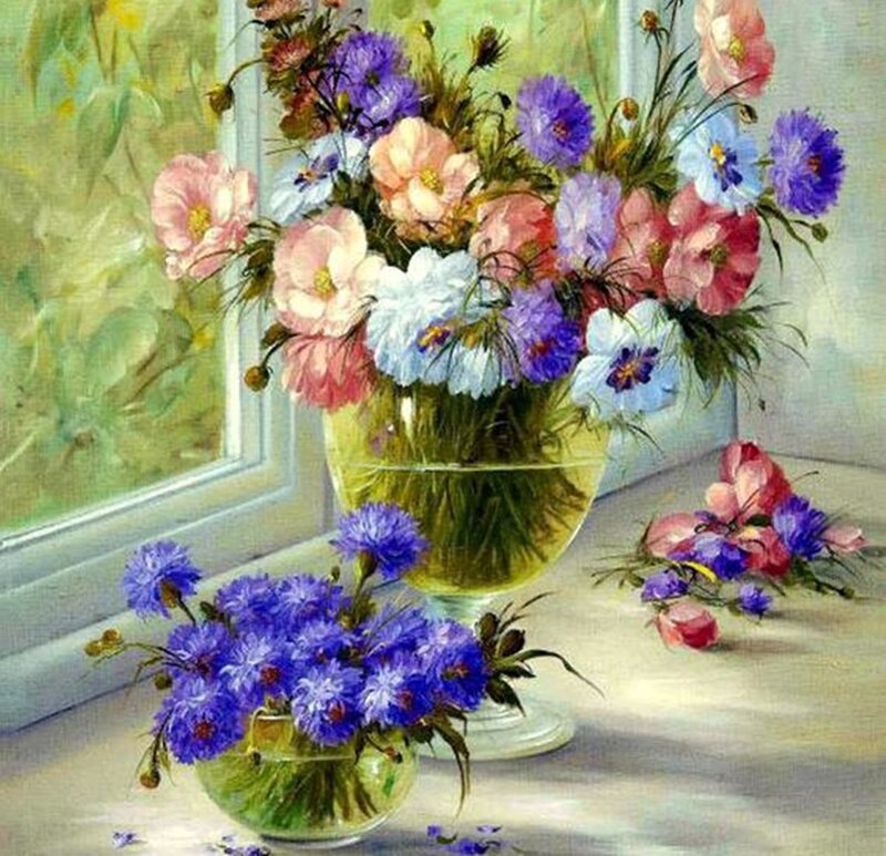 Flower Arrangement on Windowsill — Blue, Serene