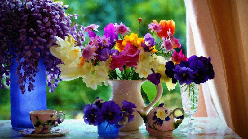 Flower Arrangement on Windowsill — Purple, Serene
