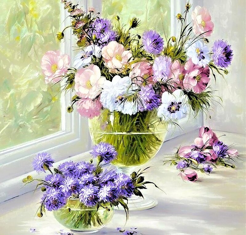 Flower Arrangement on Windowsill — Purple