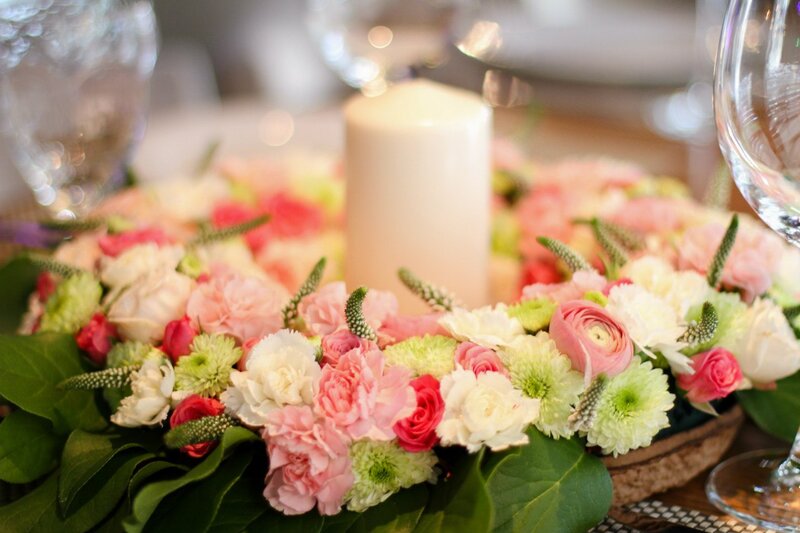 Flower Arrangement with Candle — Pink, Elegant