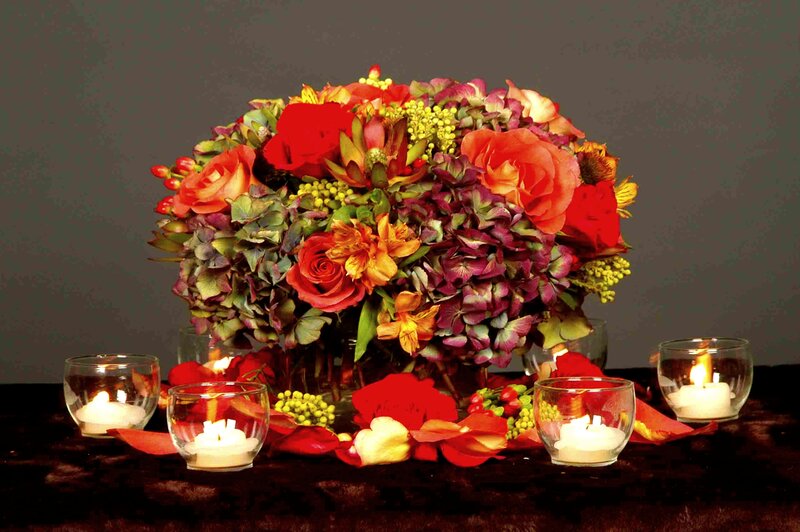 Flower Arrangement with Candles — Red