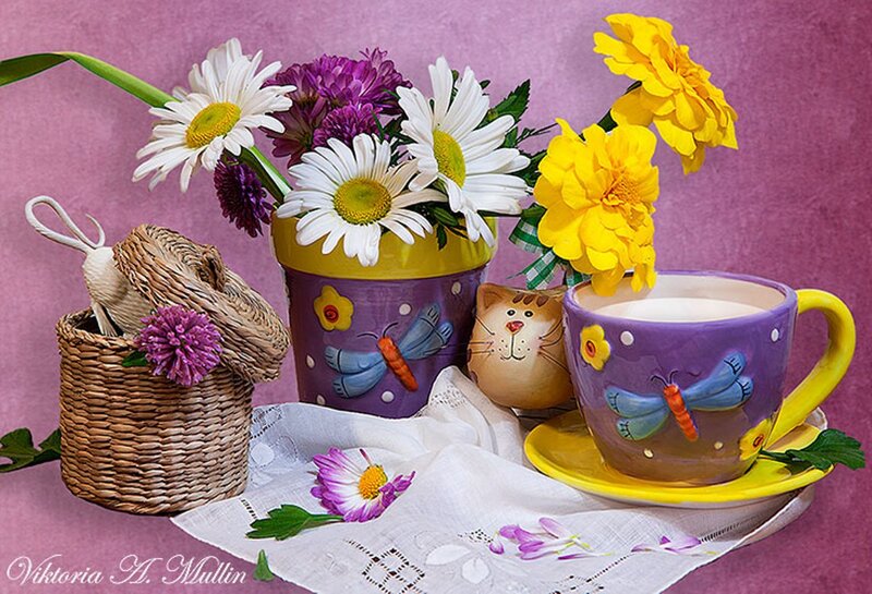 Flower Arrangement with Cup — Purple