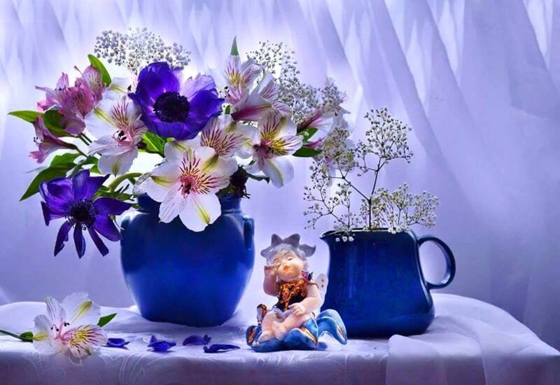 Flower Arrangement with Figurine — Blue