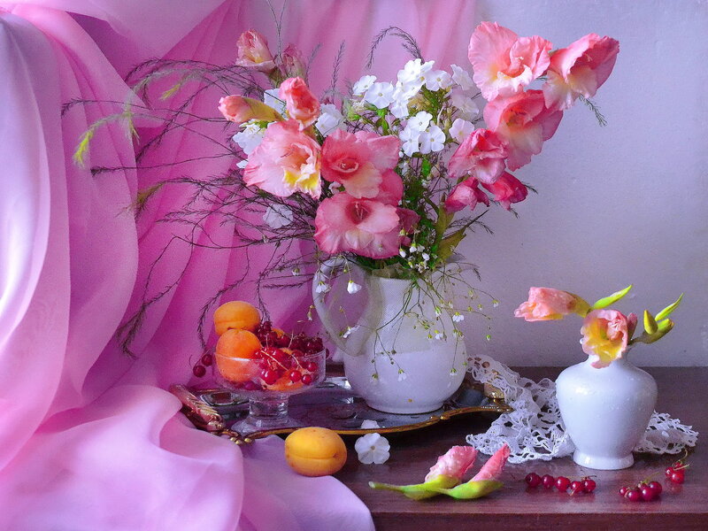 Flower Arrangement with Fruit — Pink, Serene
