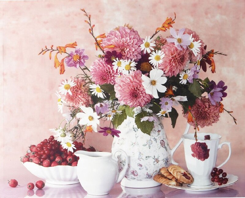 Flower Arrangement with Fruit — Pink