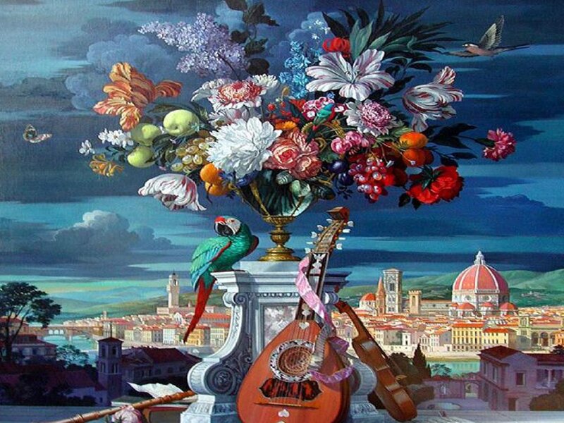 Flower Arrangement with Parrot