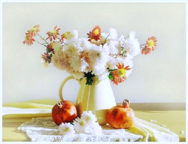 Flower Arrangement with Pomegranates — White