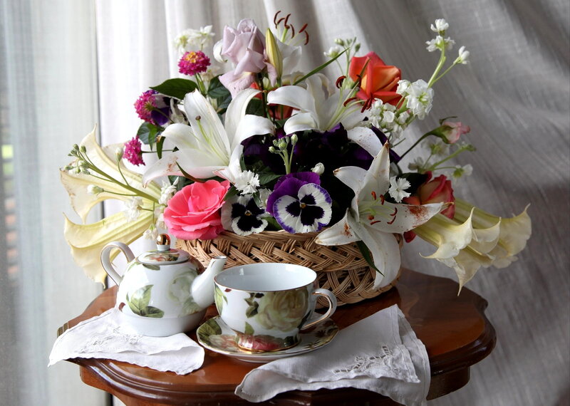 Flower Arrangement with Tea Set — White, Serene, Morning