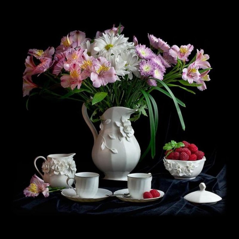 Flower Arrangement with Tea Set — White, Serene, Photograph, Flowers, Tea Cups