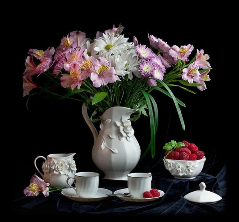 Flower Arrangement with Tea Set — White, Serene, Photograph, Flowers