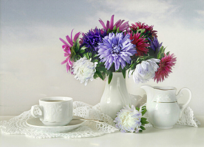 Flower Arrangement with Tea Set — White, Serene, Photograph