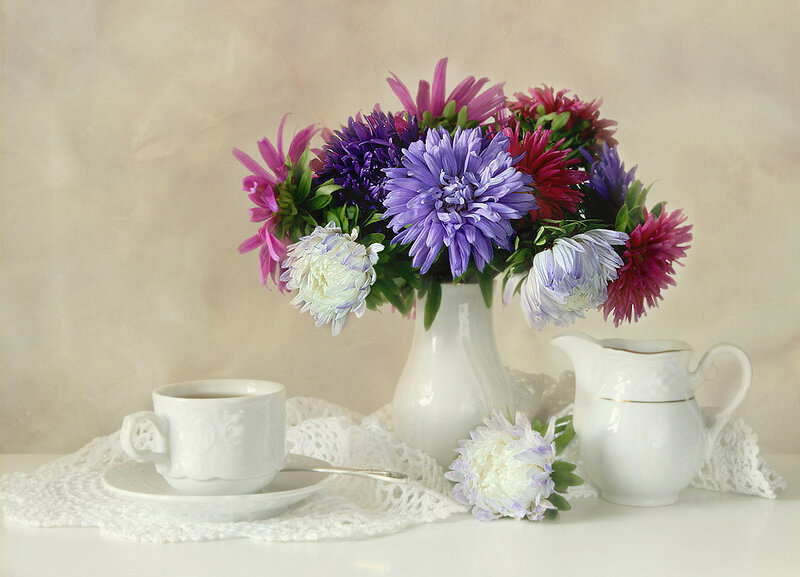 Flower Arrangement with Tea Set — White