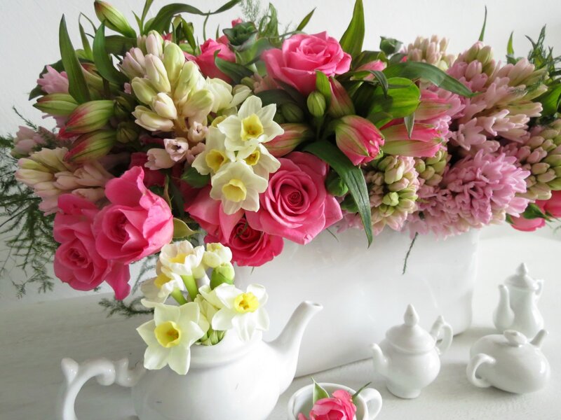 Flower Arrangement with Teapots — Pink