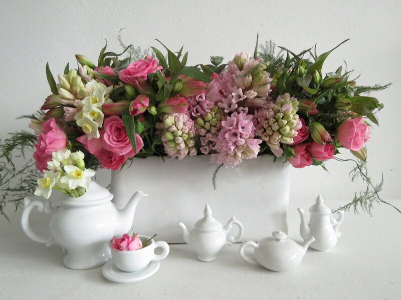 Flower Arrangement with Teapots