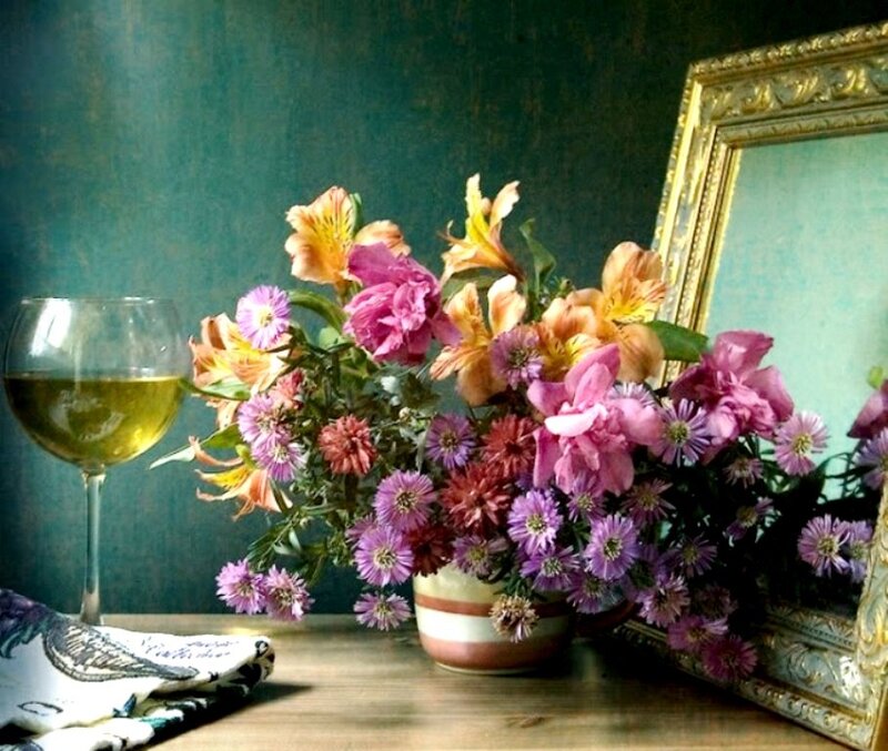 Flower Arrangement with Wine Glass