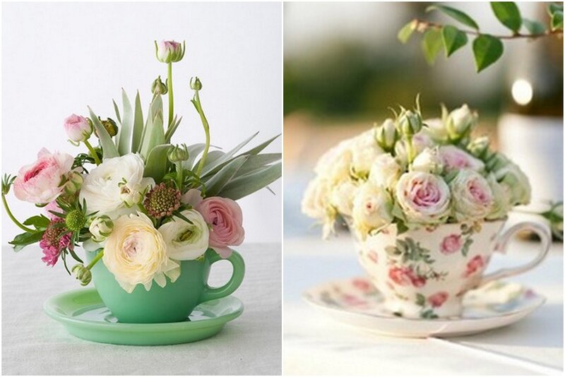Flower Arrangements in Teacups — White