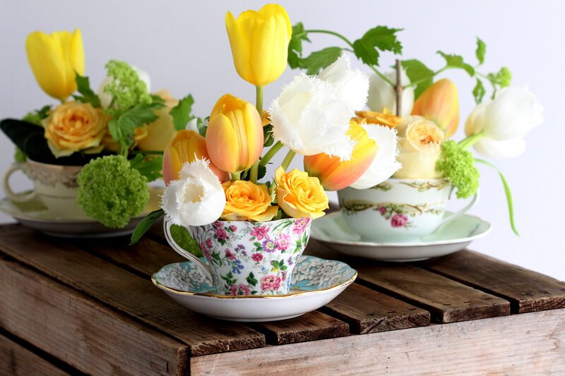 Flower Arrangements in Teacups — Yellow