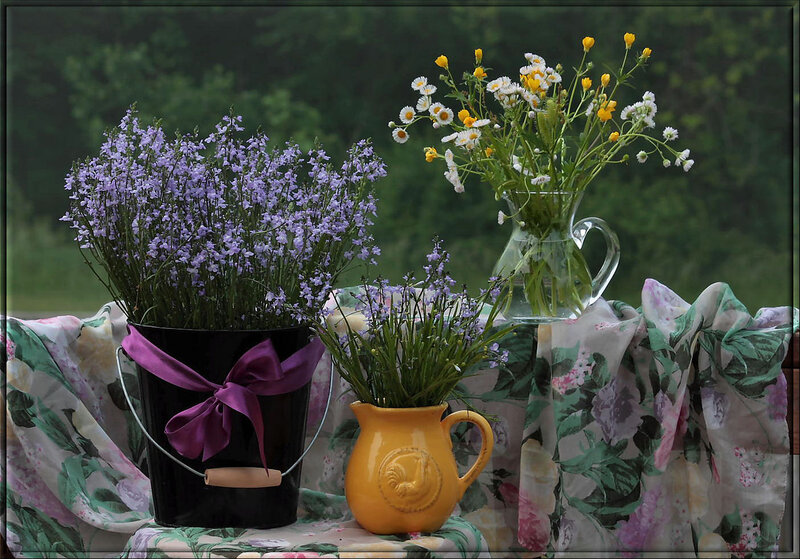 Flower Arrangements on Table — Purple, Serene