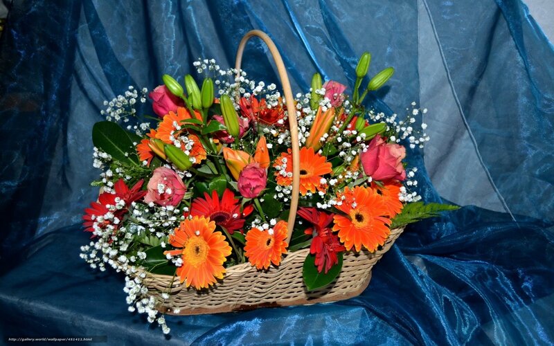 Flower basket on blue cloth
