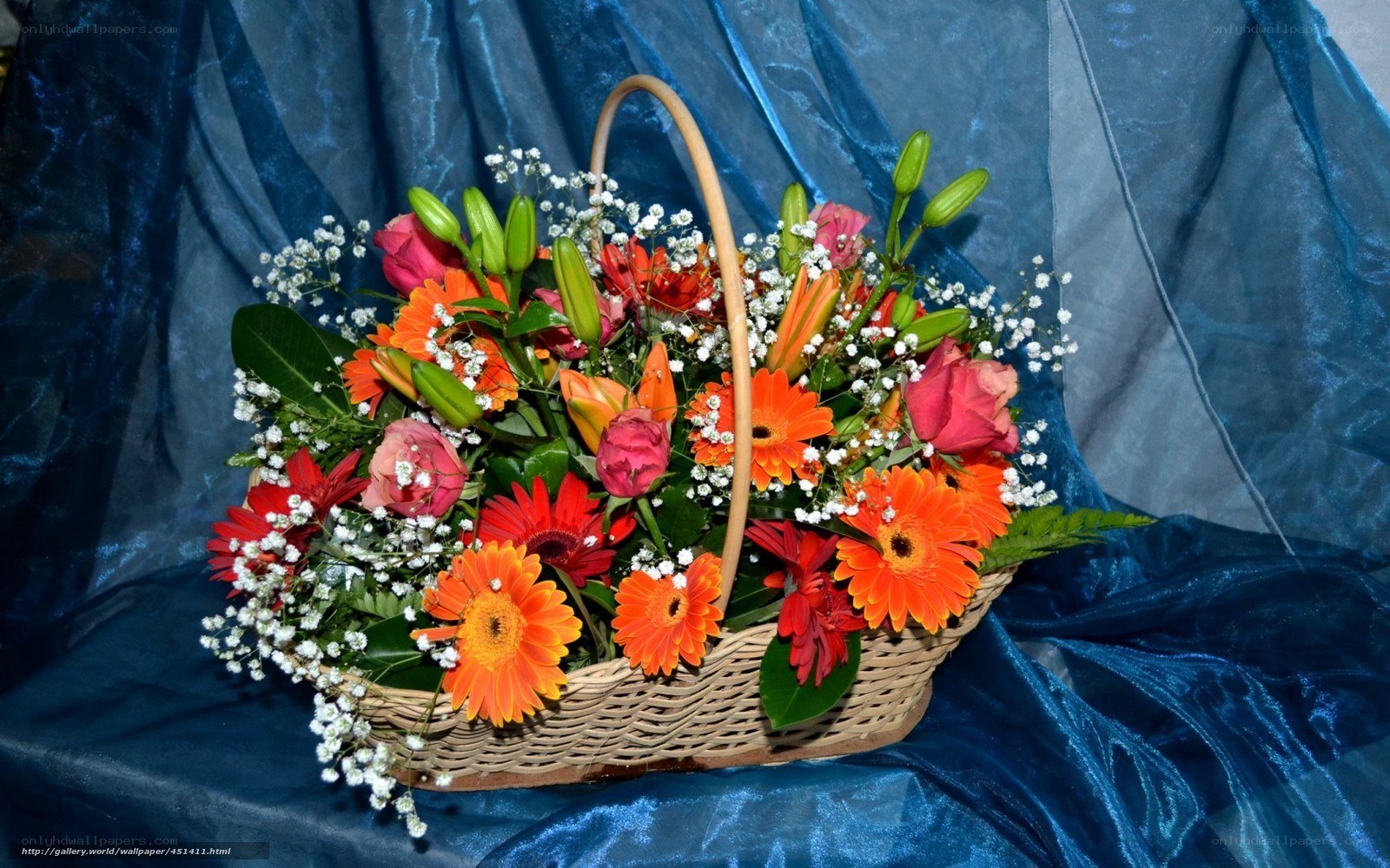Flower basket on blue cloth