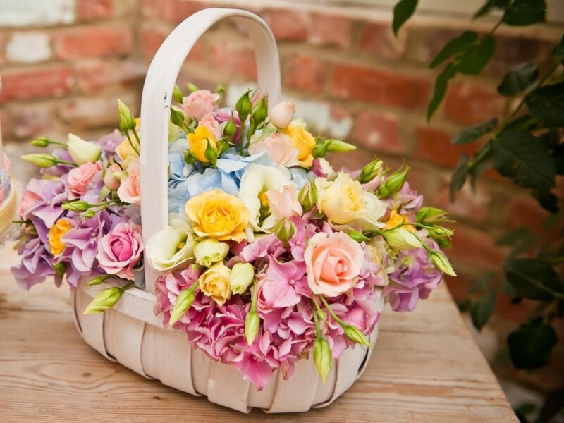 Flower Basket on Table — Pink, Calm