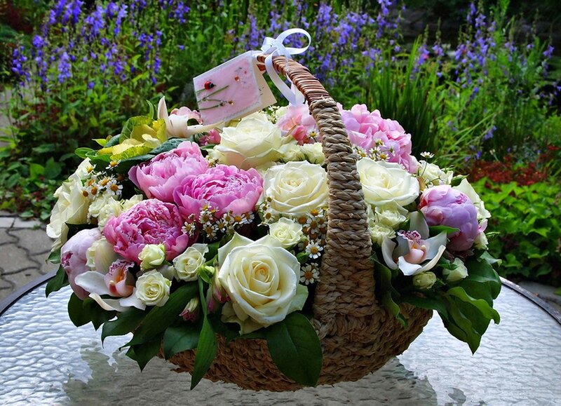 Flower Basket on Table — Pink, Serene, Afternoon, Photograph, Roses