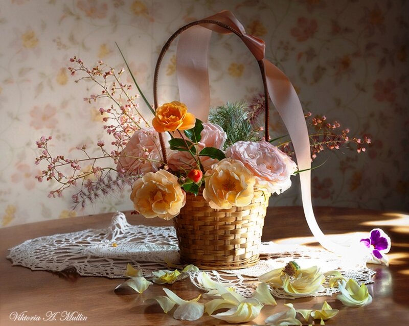 Flower Basket on Table — Pink, Serene