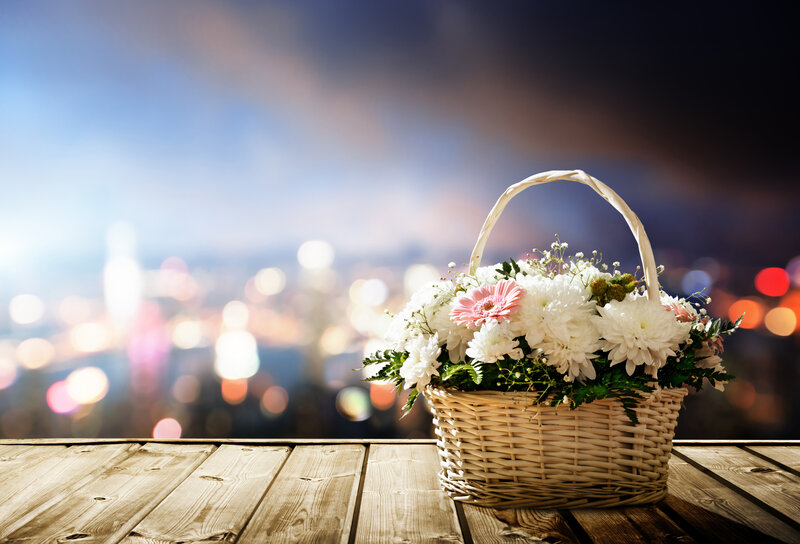 Flower Basket on Table — White