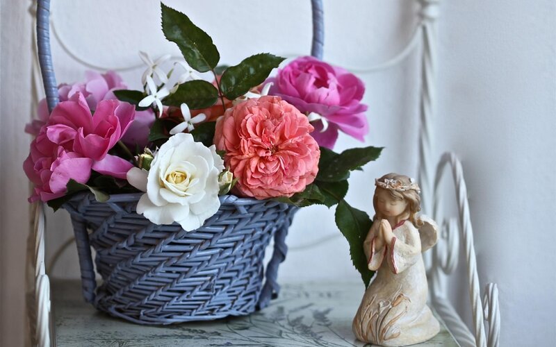 Flower Basket with Angel Figurine — Pink