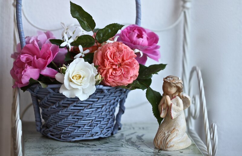 Flower Basket with Angel Figurine