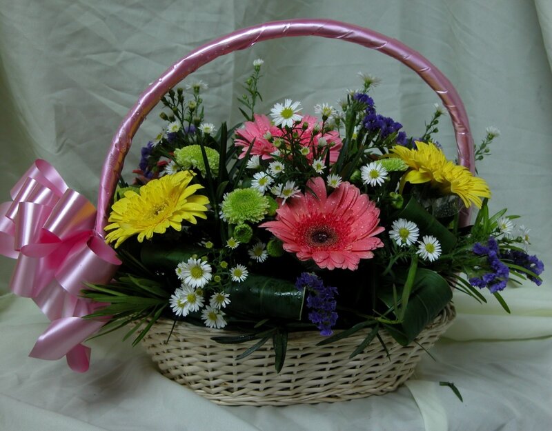 Flower Basket with Ribbon — Pink