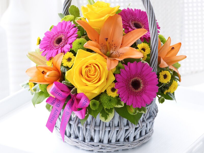 Flower Basket with Ribbon — Yellow