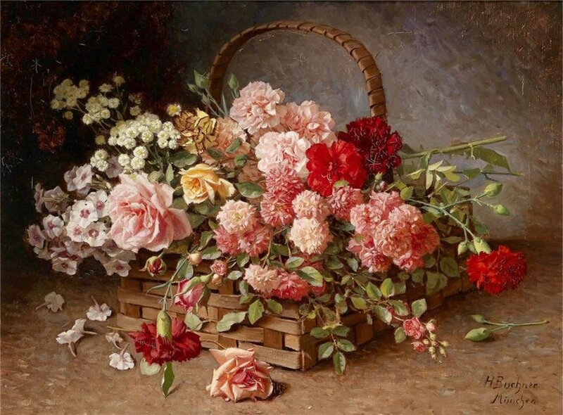 Flower Basket with Roses — Pink, Calm, Painting, Flowers