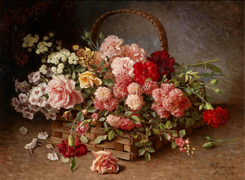 Flower Basket with Roses — Pink, Calm, Painting