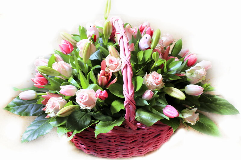 Flower Basket with Roses — Pink, Festive