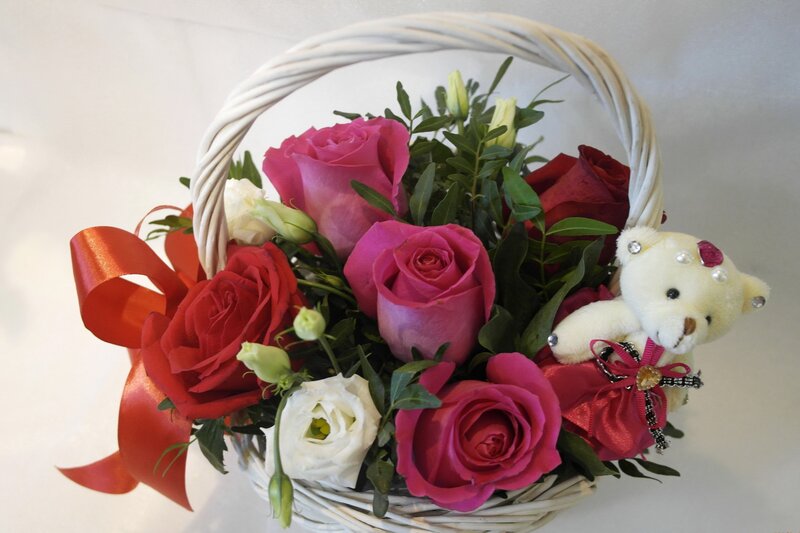 Flower Basket with Teddy Bear