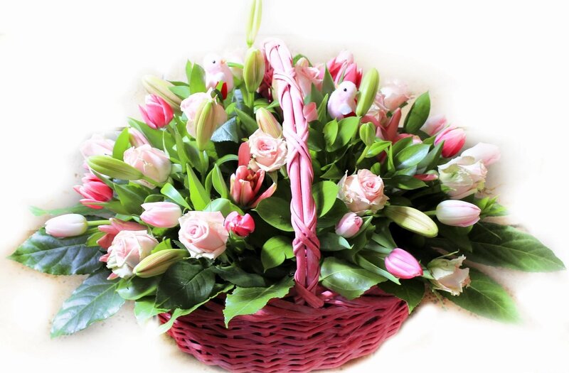 Flower Basket with Tulips — Pink