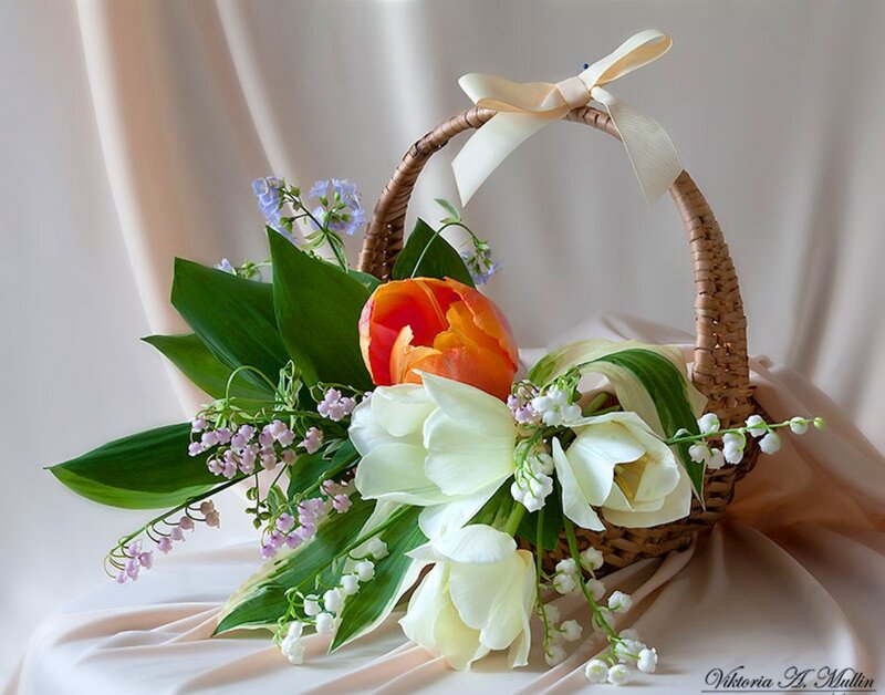Flower Basket with Tulips — White