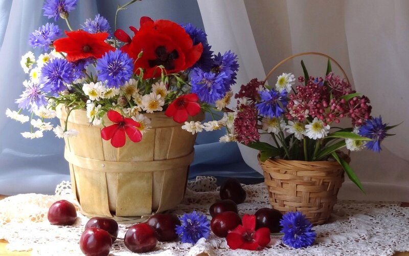 Flower Baskets with Cherries — Red