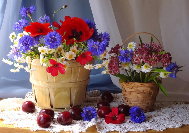 Flower Baskets with Cherries