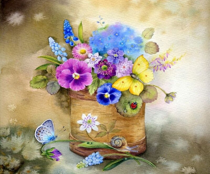 Flower Bouquet in Basket — Blue, Serene, Spring
