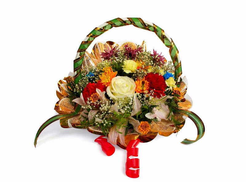 Flower Bouquet in Basket — Green, Festive, Photograph