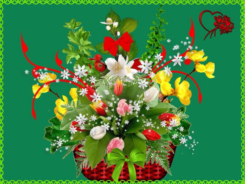 Flower Bouquet in Basket — Green, Festive