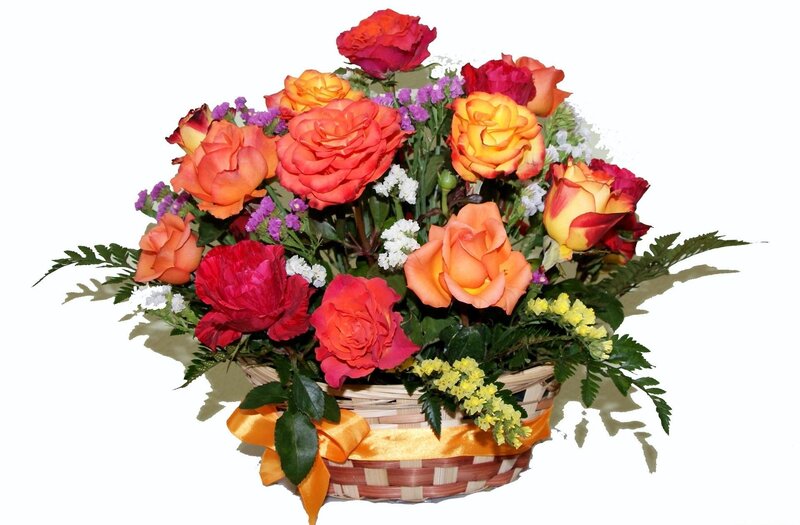 Flower Bouquet in Basket — Orange, Festive, Photograph