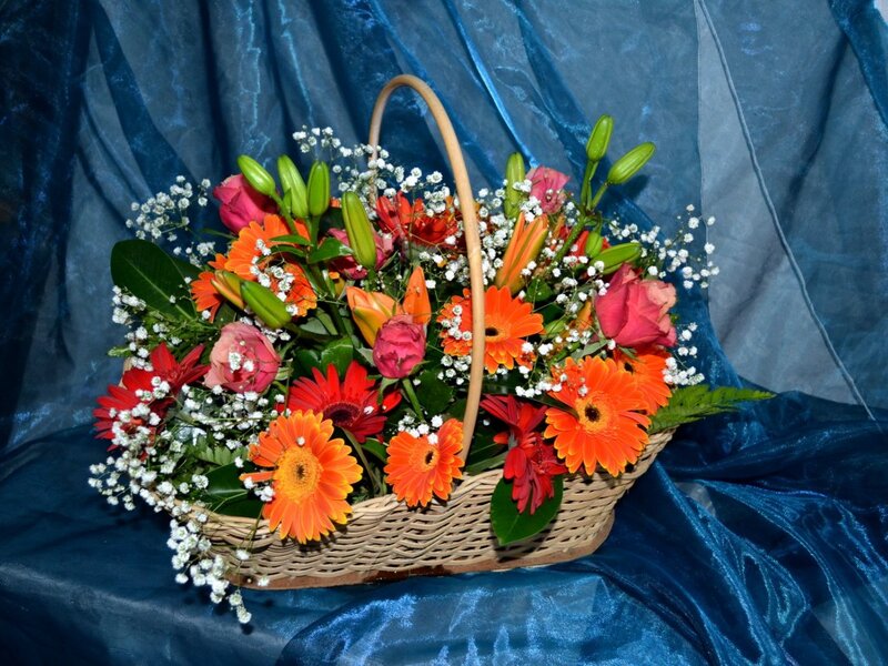 Flower Bouquet in Basket — Orange, Festive