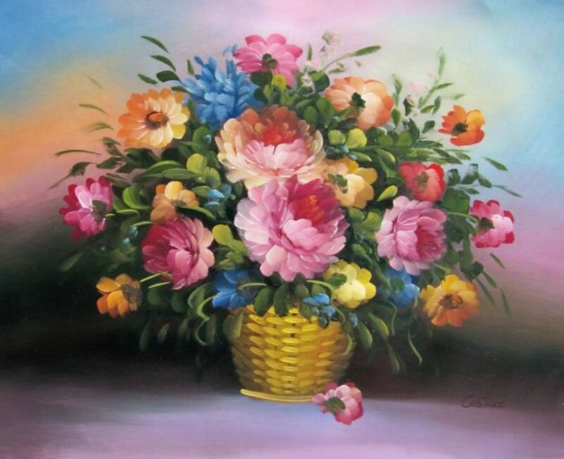Flower Bouquet in Basket — Pink, Calm, Painting