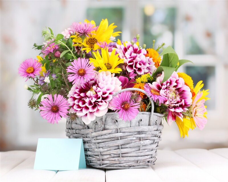 Flower Bouquet in Basket — Pink, Calm, Spring, Photograph, Card