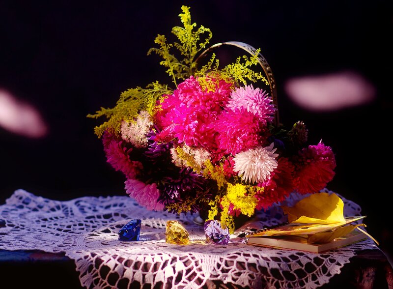 Flower Bouquet in Basket — Pink, Dramatic
