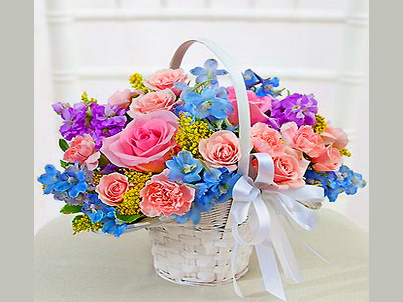 Flower Bouquet in Basket — Pink, Festive, Photograph