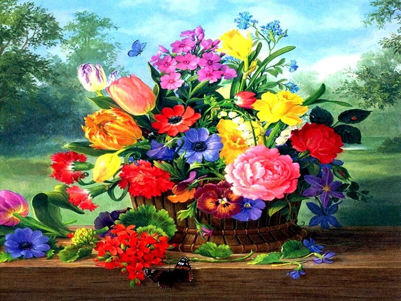 Flower Bouquet in Basket — Pink, Serene, Afternoon, Painting
